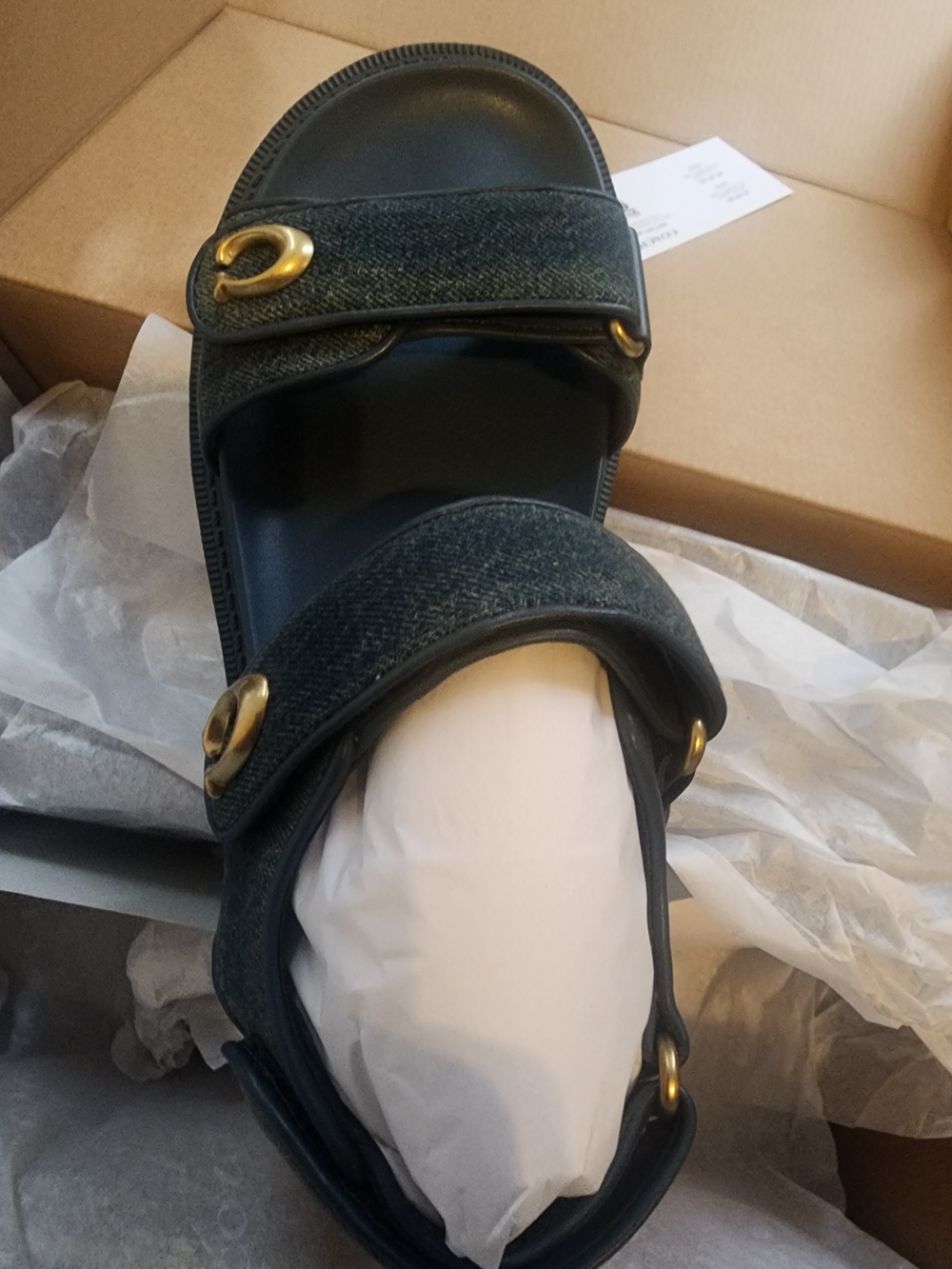 Coach Denim Strap Slide Sandals with Gold Hardware